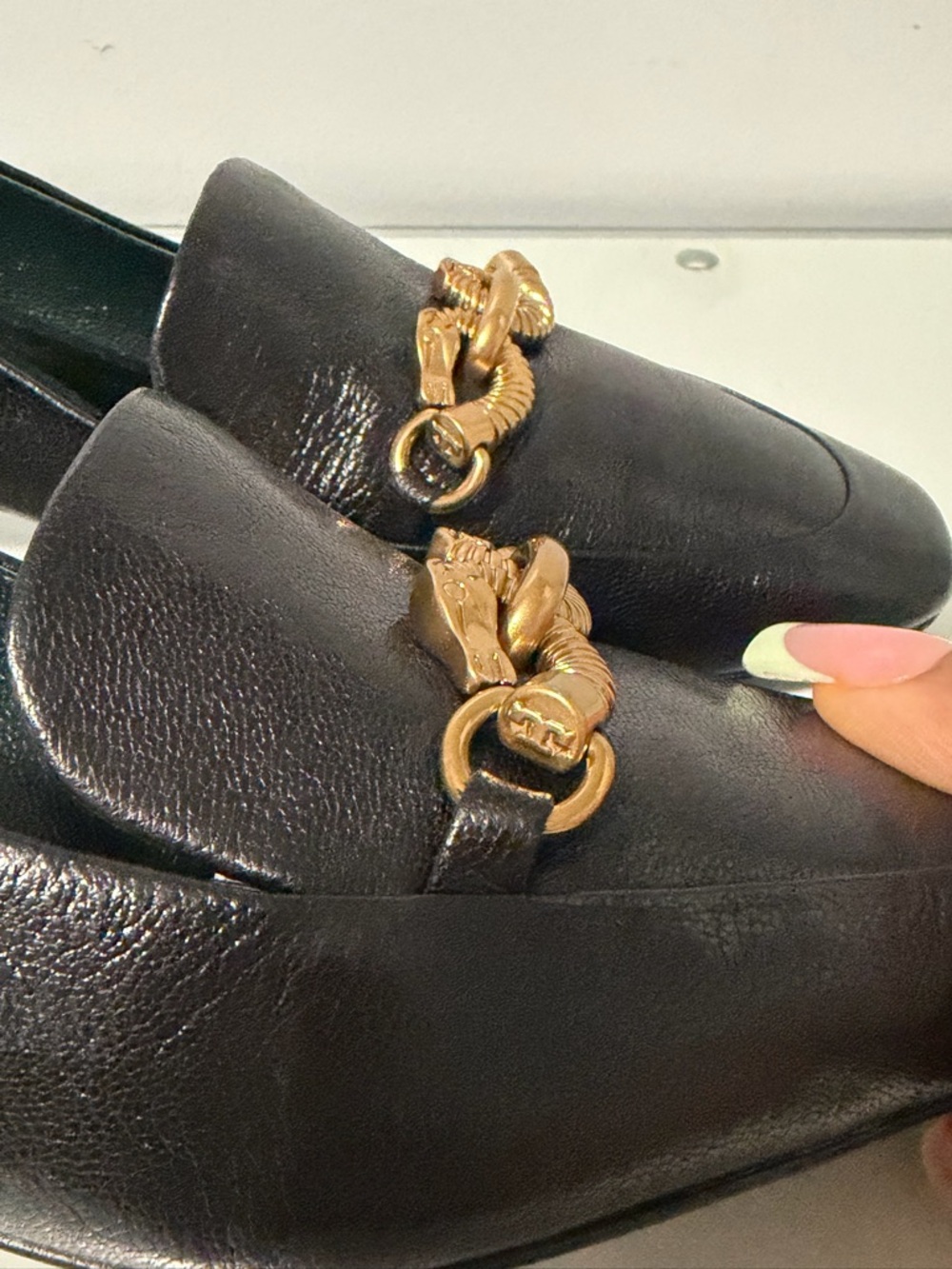 Tory Burch Jessa Loafers Black Leather Block Heel Loafers with Gold Chain Accent - Picture 6 of 11